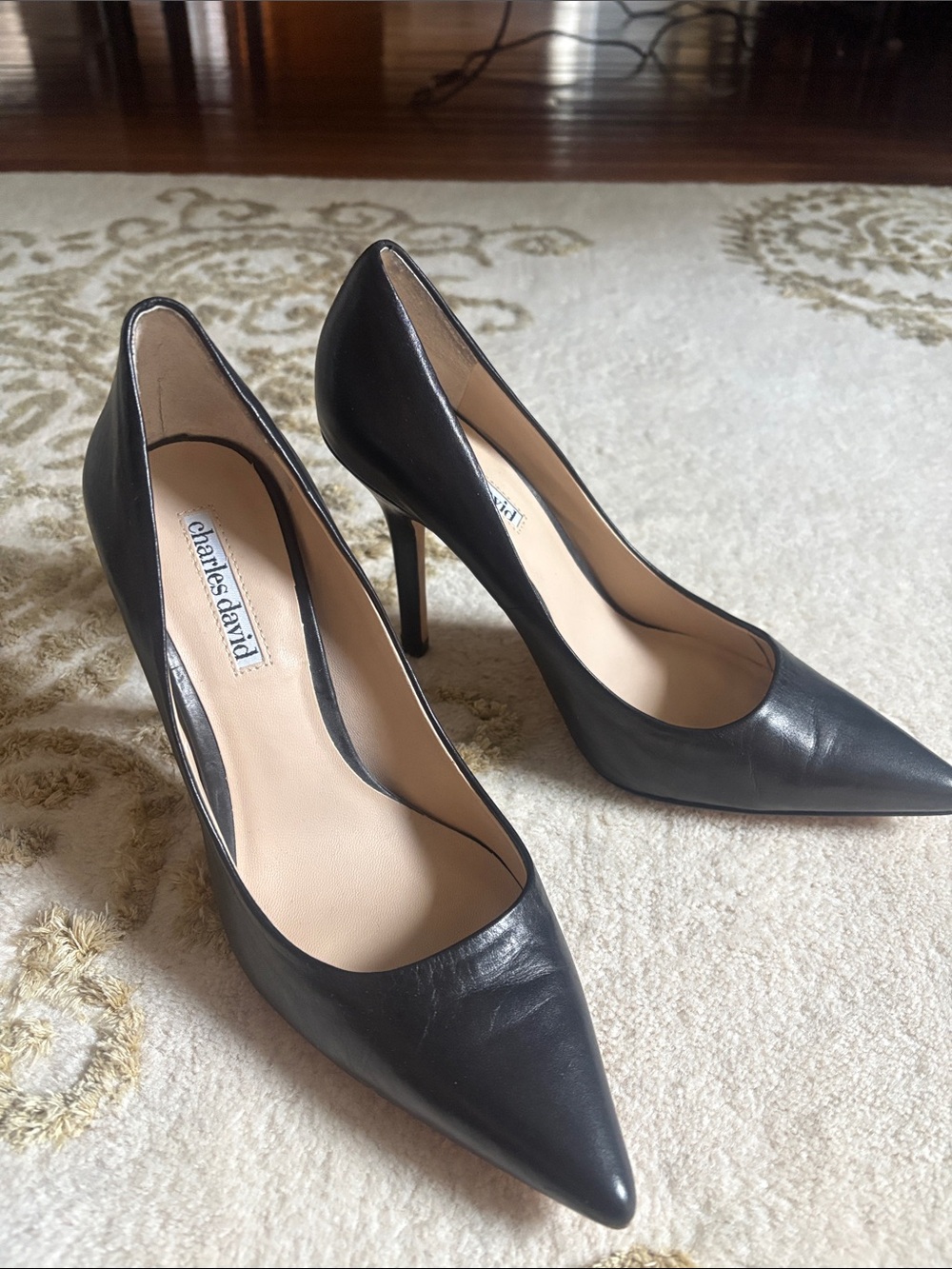 Charles David Black Pointed Leather Stiletto Pumps